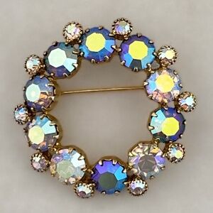 Vintage AB Rhinestone Open Circle Wreath Brooch AB Blue And Clear Rhinestones
